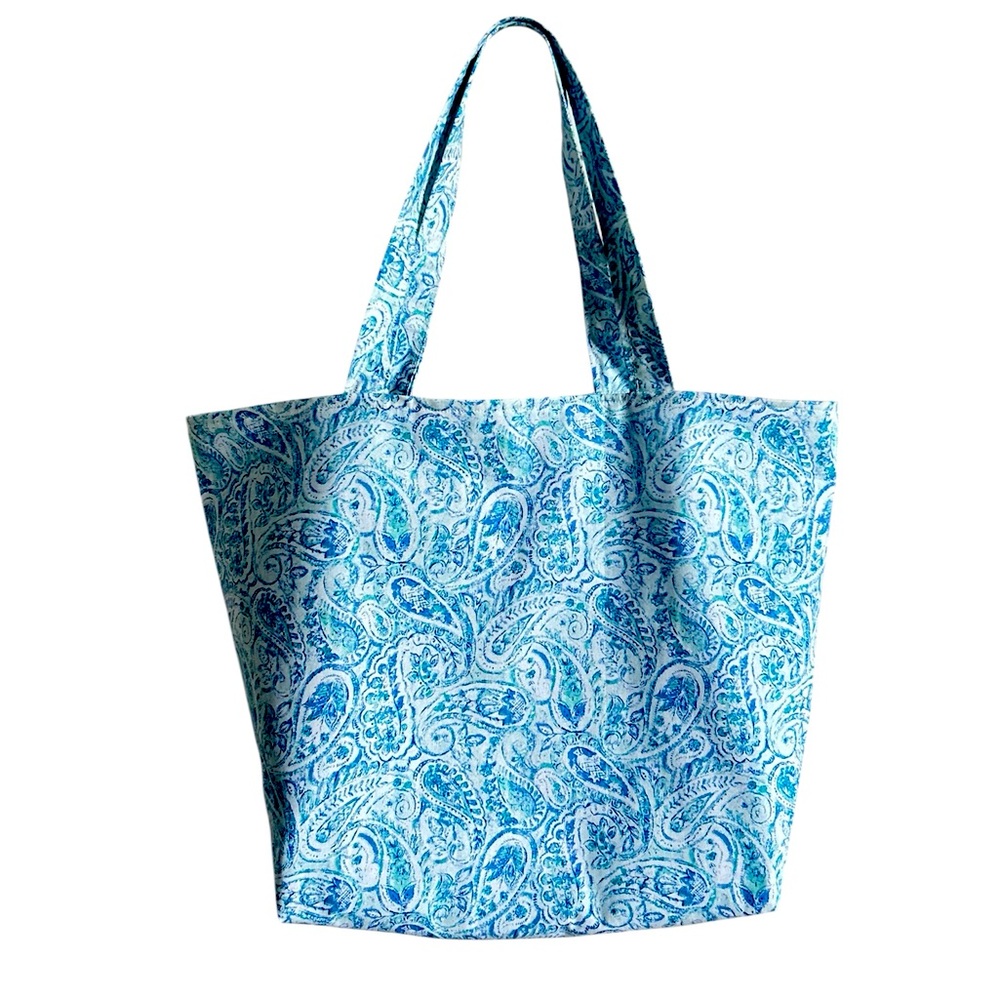 Hand Crafted Fabric Tote Bag Colorful Blue Paisley Market Bag Shoulder Purse - Picture 9 of 10